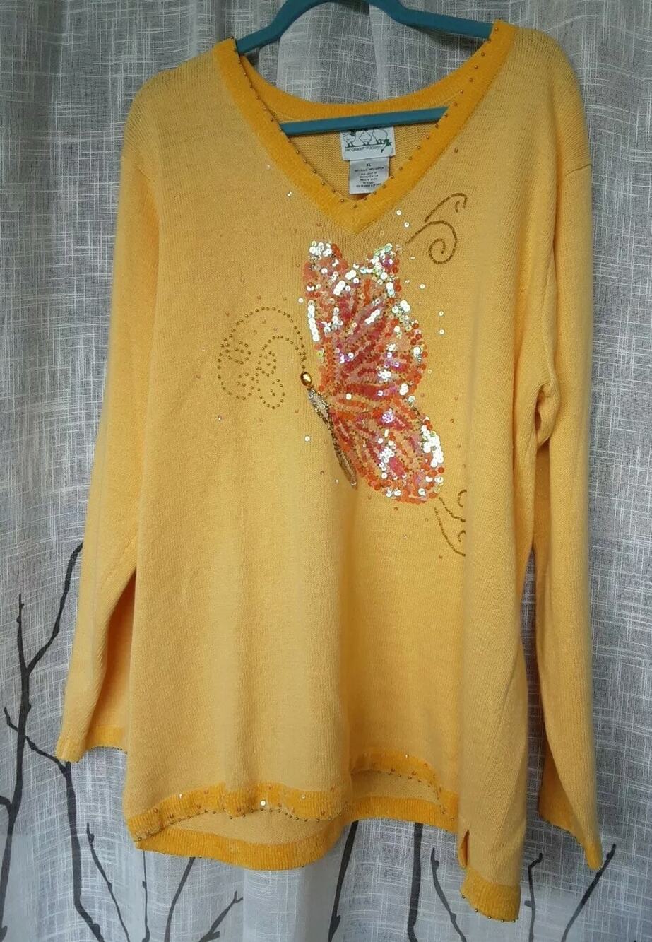 QUACKER FACTORY women's Yellow Long Sleeve Sequin Beaded BUTTERFLY Sweater Sz XL